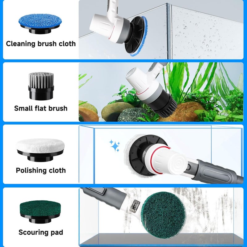 AQQA 8-in-1 Electric Aquarium Cleaning Kit IPX9 Waterproof Cordless Rechargeable Glass Scrubber Handheld Fish Tank Cleaner Powerful Algae Scraper & Cleaning Brush Set (Grey) - Image 5